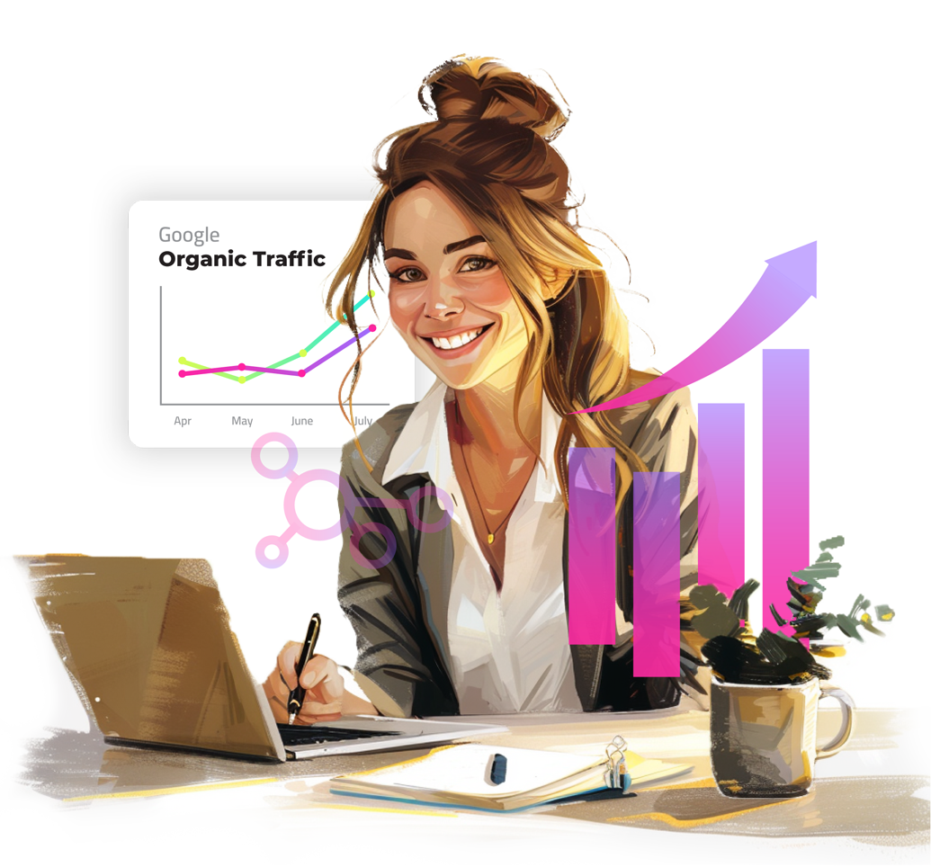 Image of Woman at Computer with Data and Graphs